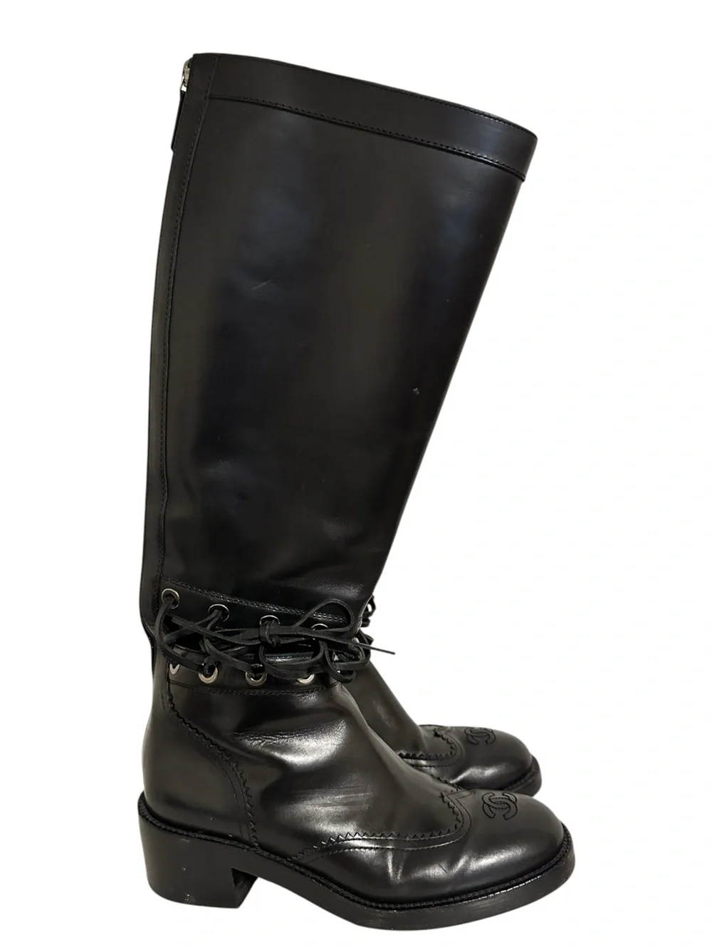 CHANEL KARL LAGERFELD Fall 2016 Runway Black Corset CC Riding Boots 38.5